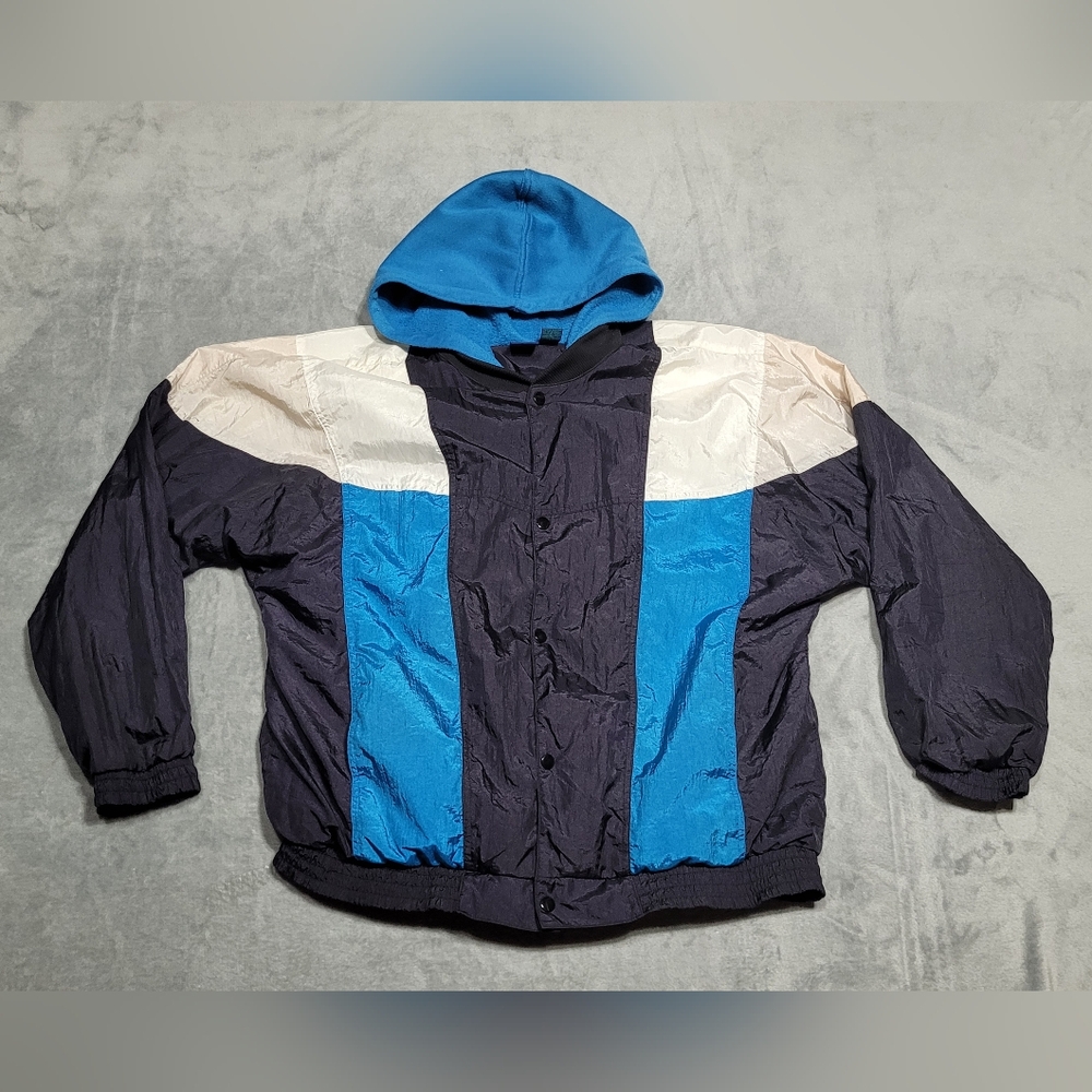 Vintage First Run Color Block Mens Windbreaker Jacket w/ Hoodie Blue Black